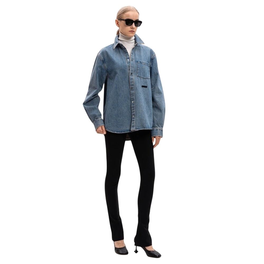 Helmut Lang Collared Shirt Blue Logo Long Sleeve Cotton Denim Women's Size Large